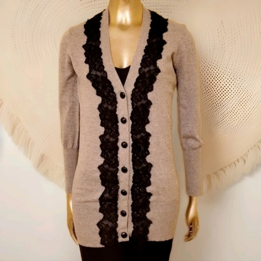 VENUS Heather Grey Long Line Cardigan Sweater With Lace Trim Sz Small